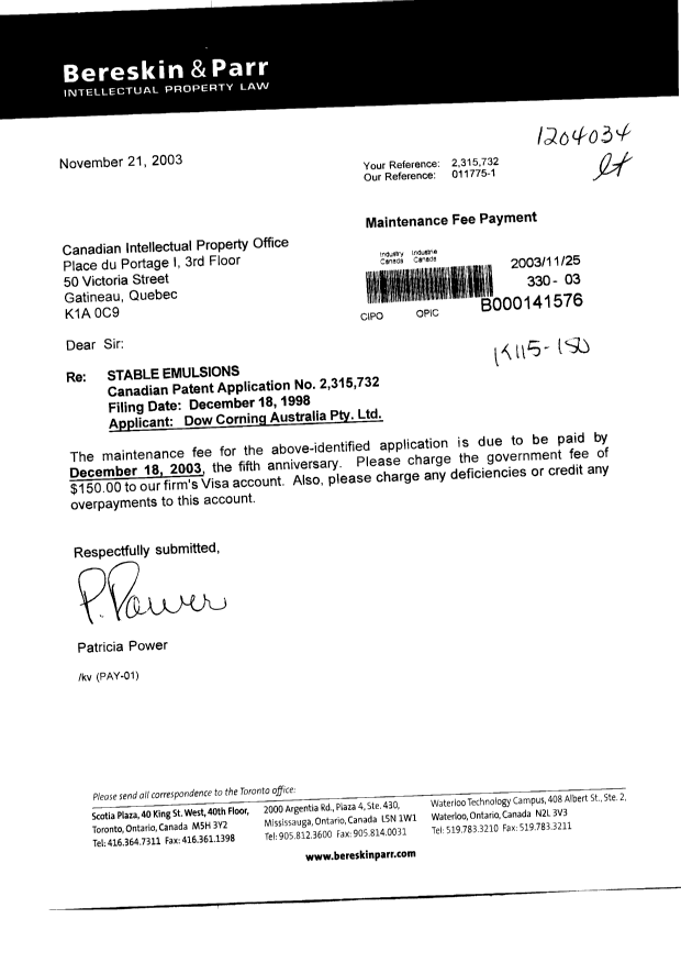Document de brevet canadien 2315732. Taxes 20031125. Image 1 de 1