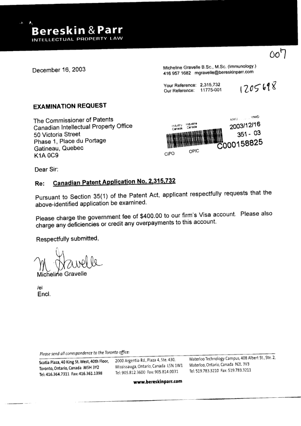Document de brevet canadien 2315732. Poursuite-Amendment 20031216. Image 1 de 1