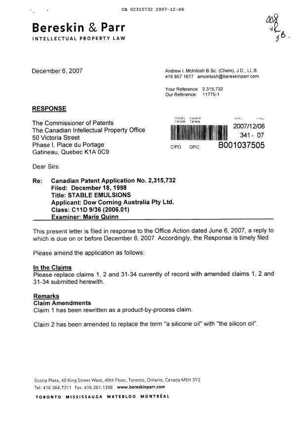 Canadian Patent Document 2315732. Prosecution-Amendment 20071206. Image 1 of 10