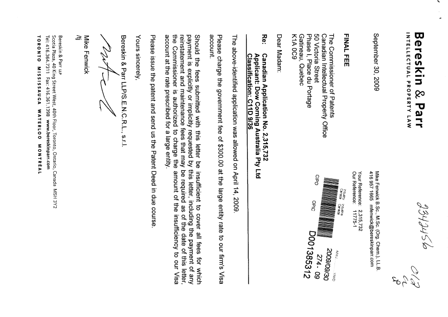 Canadian Patent Document 2315732. Correspondence 20090930. Image 1 of 1