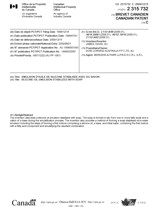 Document de brevet canadien 2315732. Page couverture 20091117. Image 1 de 1