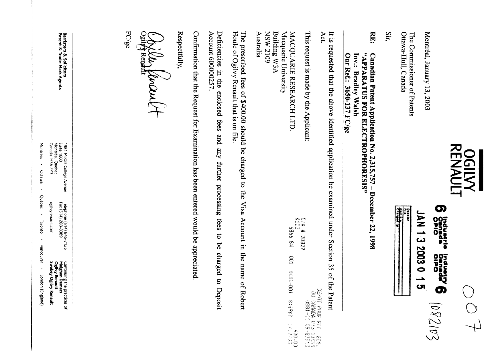 Canadian Patent Document 2315757. Prosecution-Amendment 20030113. Image 1 of 1