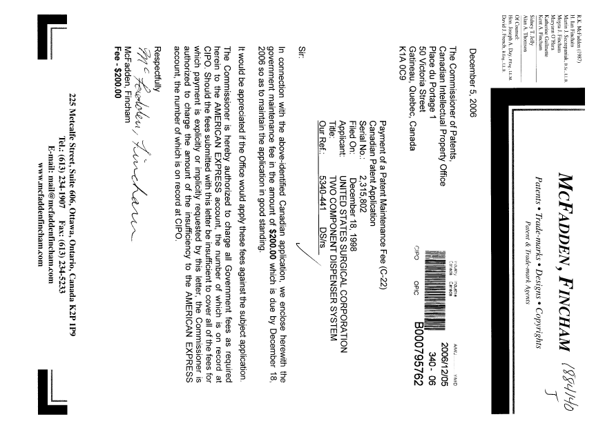 Document de brevet canadien 2315802. Taxes 20061205. Image 1 de 1