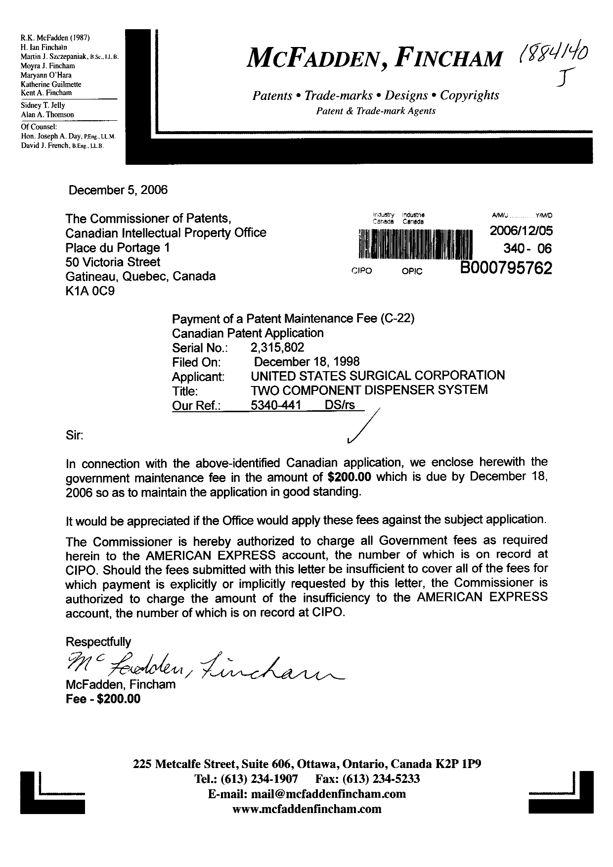 Document de brevet canadien 2315802. Taxes 20061205. Image 1 de 1