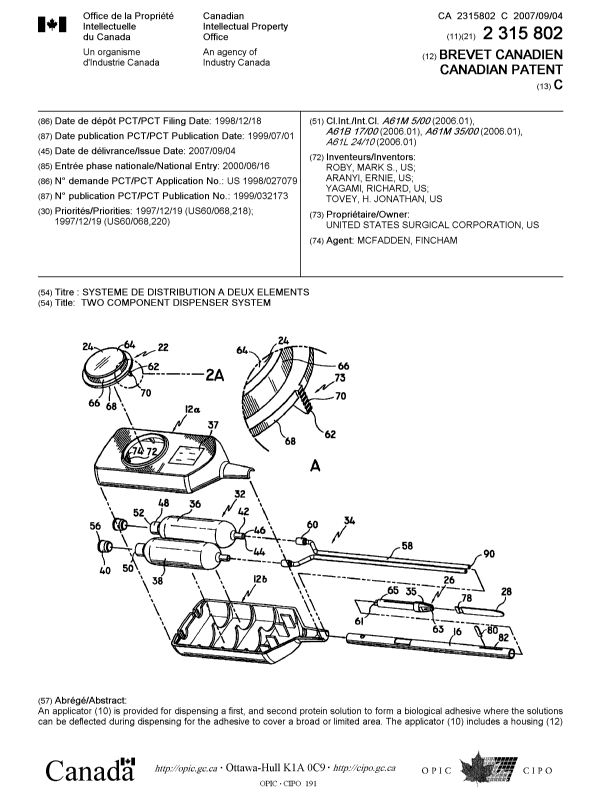 Document de brevet canadien 2315802. Page couverture 20070809. Image 1 de 2