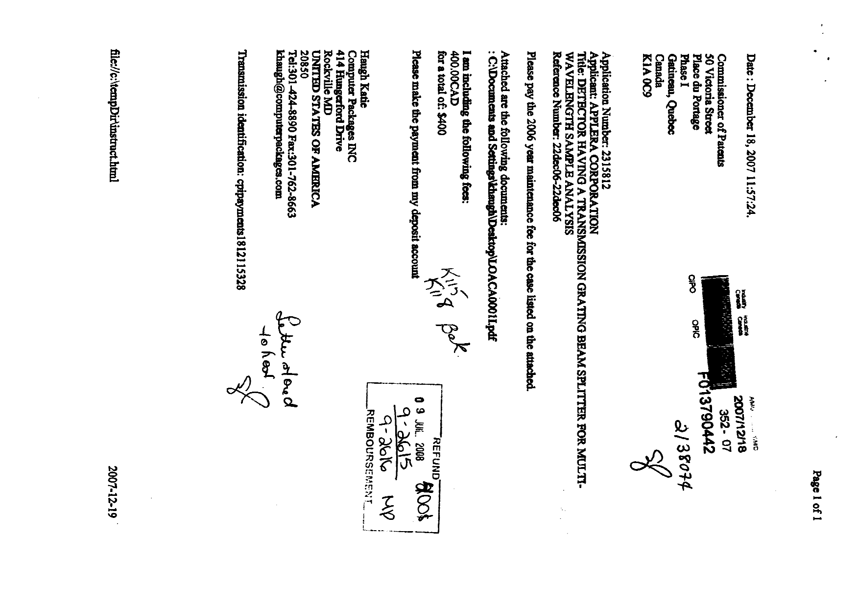 Canadian Patent Document 2315812. Fees 20080709. Image 1 of 2