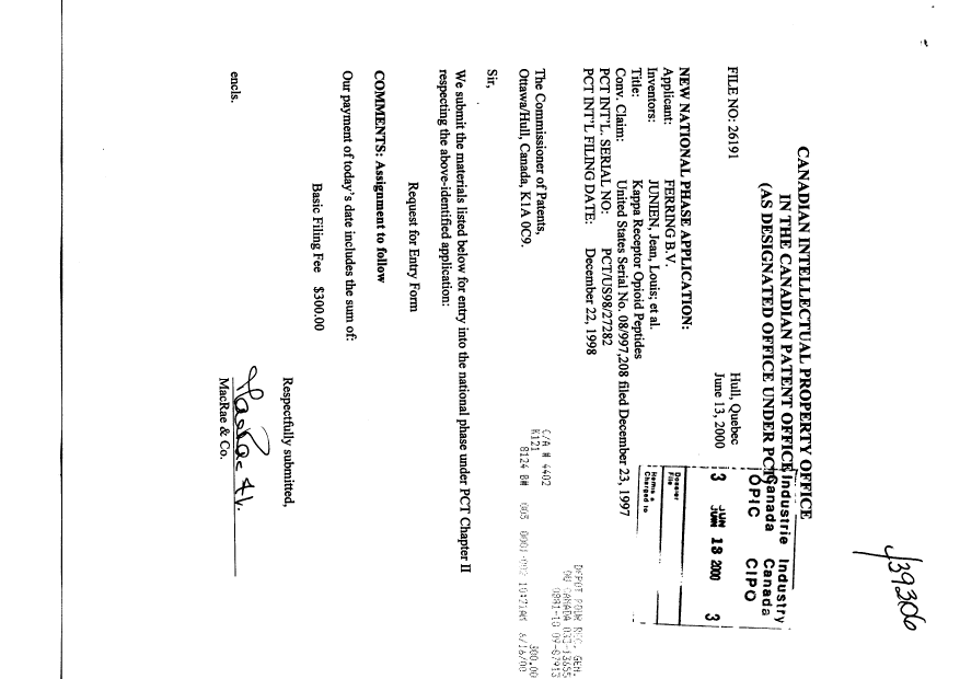 Document de brevet canadien 2315878. Cession 20000613. Image 1 de 4