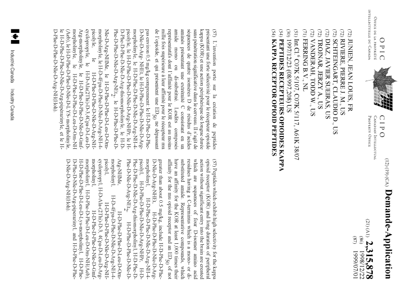 Document de brevet canadien 2315878. Page couverture 20000919. Image 1 de 1