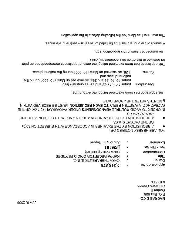 Canadian Patent Document 2315878. Prosecution-Amendment 20080708. Image 1 of 2