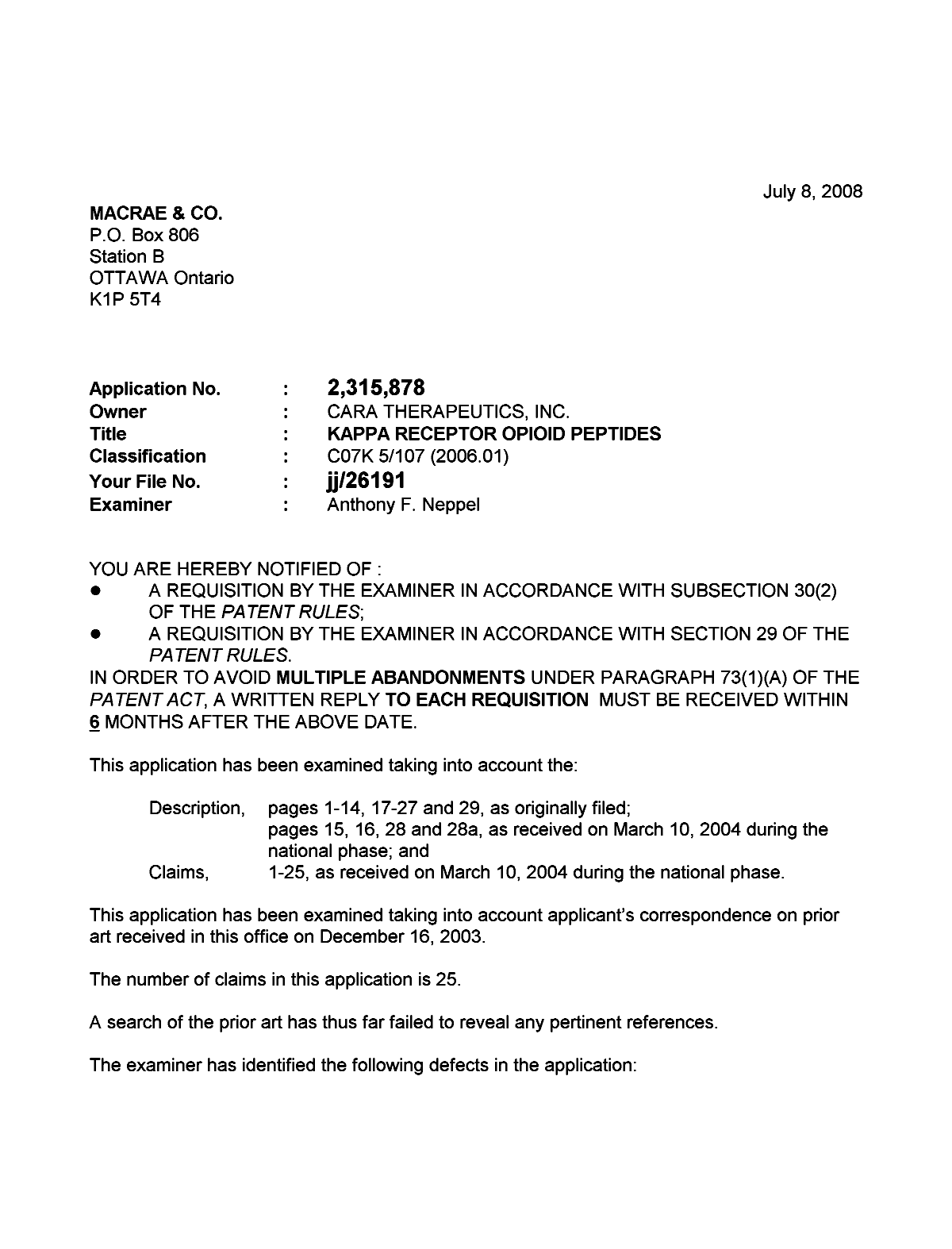 Document de brevet canadien 2315878. Poursuite-Amendment 20080708. Image 1 de 2