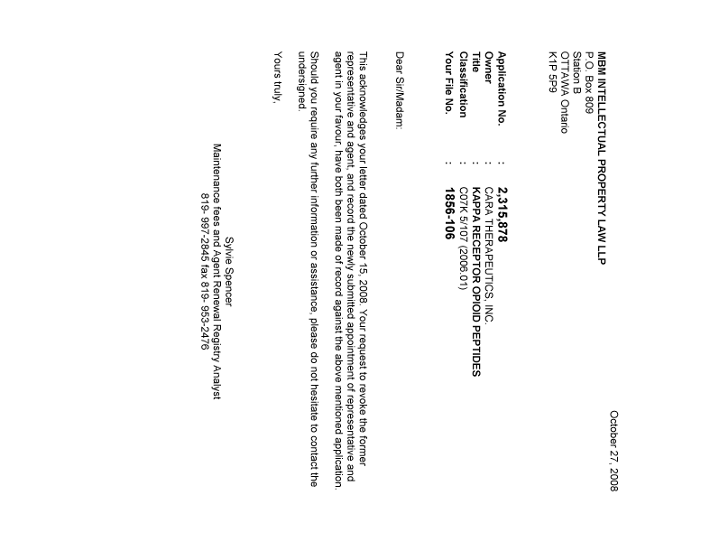 Document de brevet canadien 2315878. Correspondance 20081027. Image 1 de 1