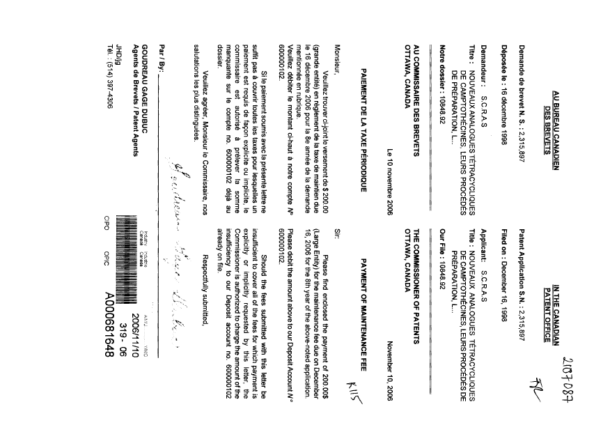 Document de brevet canadien 2315897. Taxes 20061110. Image 1 de 1