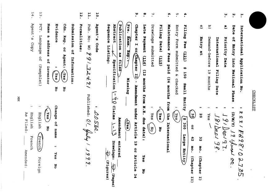 Document de brevet canadien 2315909. PCT 20000619. Image 1 de 7