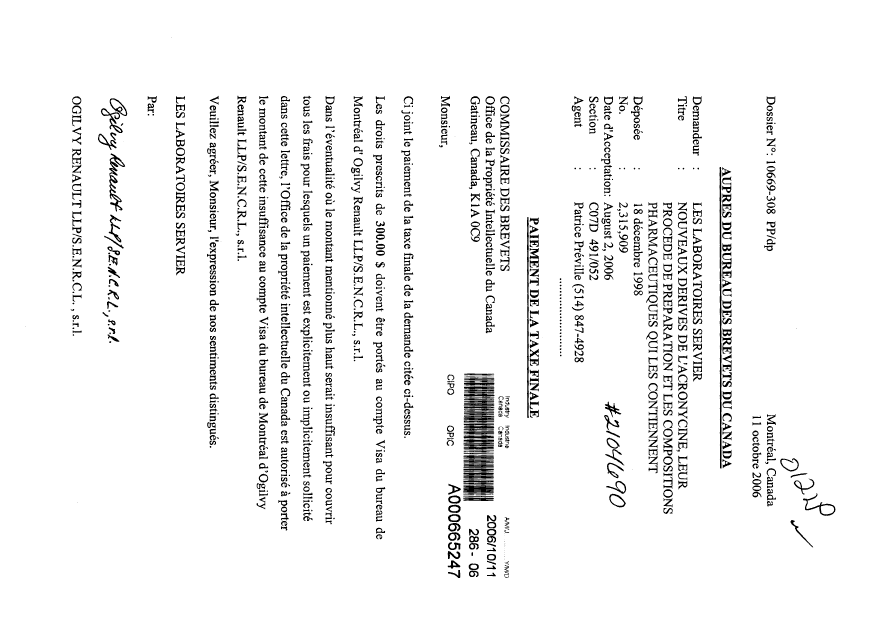 Document de brevet canadien 2315909. Correspondance 20061011. Image 1 de 1