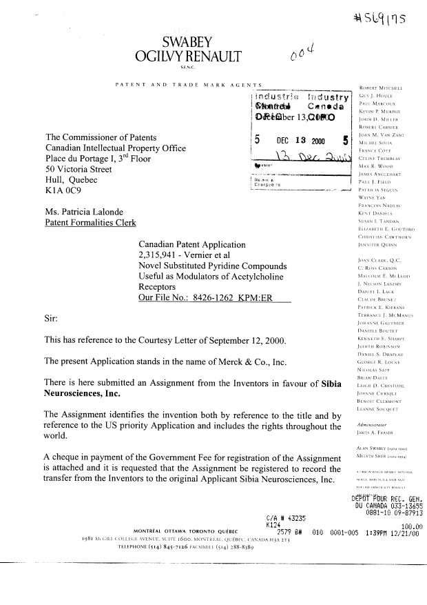 Document de brevet canadien 2315941. Cession 20001213. Image 1 de 5