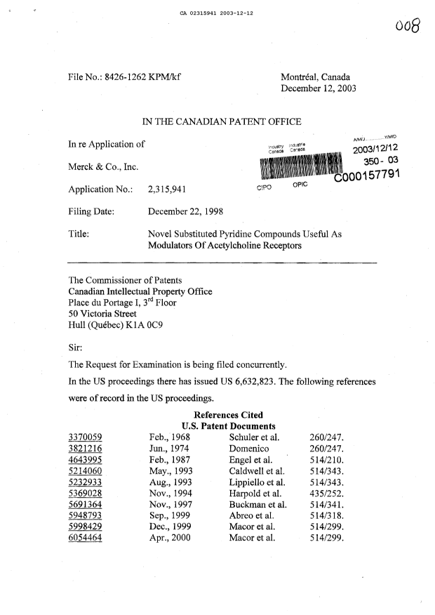 Canadian Patent Document 2315941. Prosecution-Amendment 20031212. Image 1 of 5