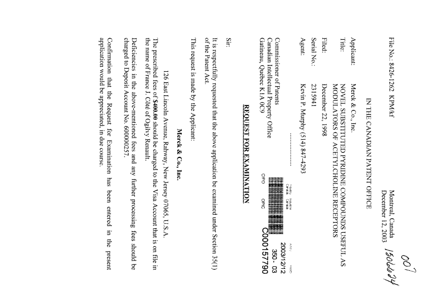 Canadian Patent Document 2315941. Prosecution-Amendment 20031212. Image 1 of 2