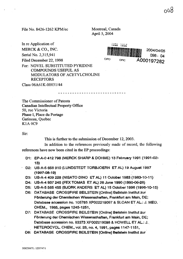 Canadian Patent Document 2315941. Prosecution-Amendment 20040405. Image 1 of 3