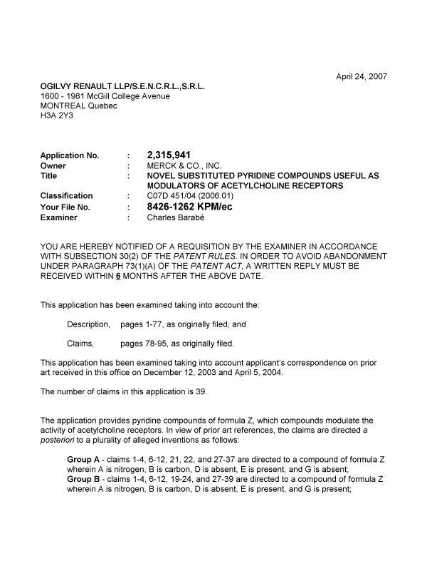 Canadian Patent Document 2315941. Prosecution-Amendment 20070424. Image 1 of 6