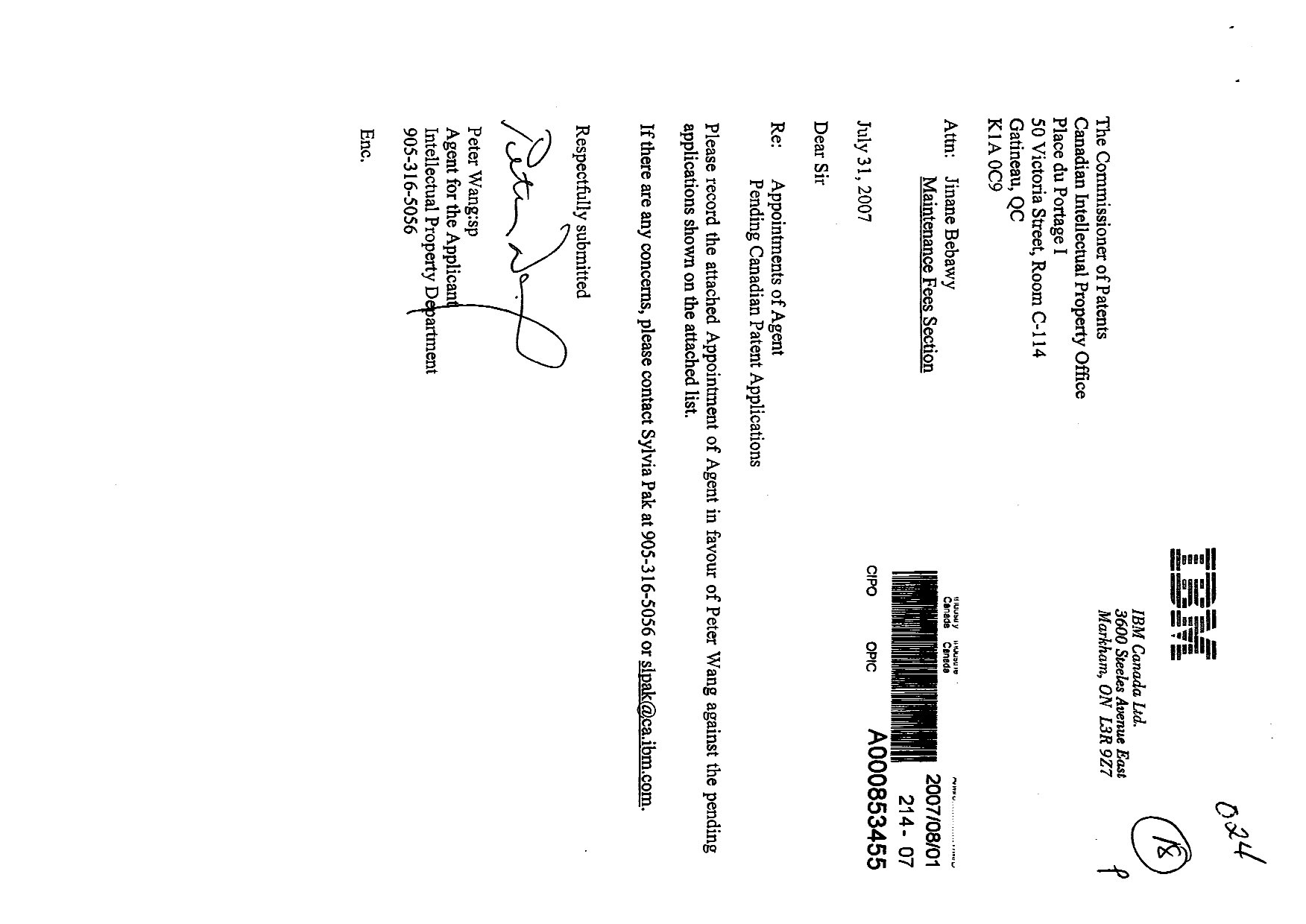 Canadian Patent Document 2316003. Correspondence 20070801. Image 1 of 3