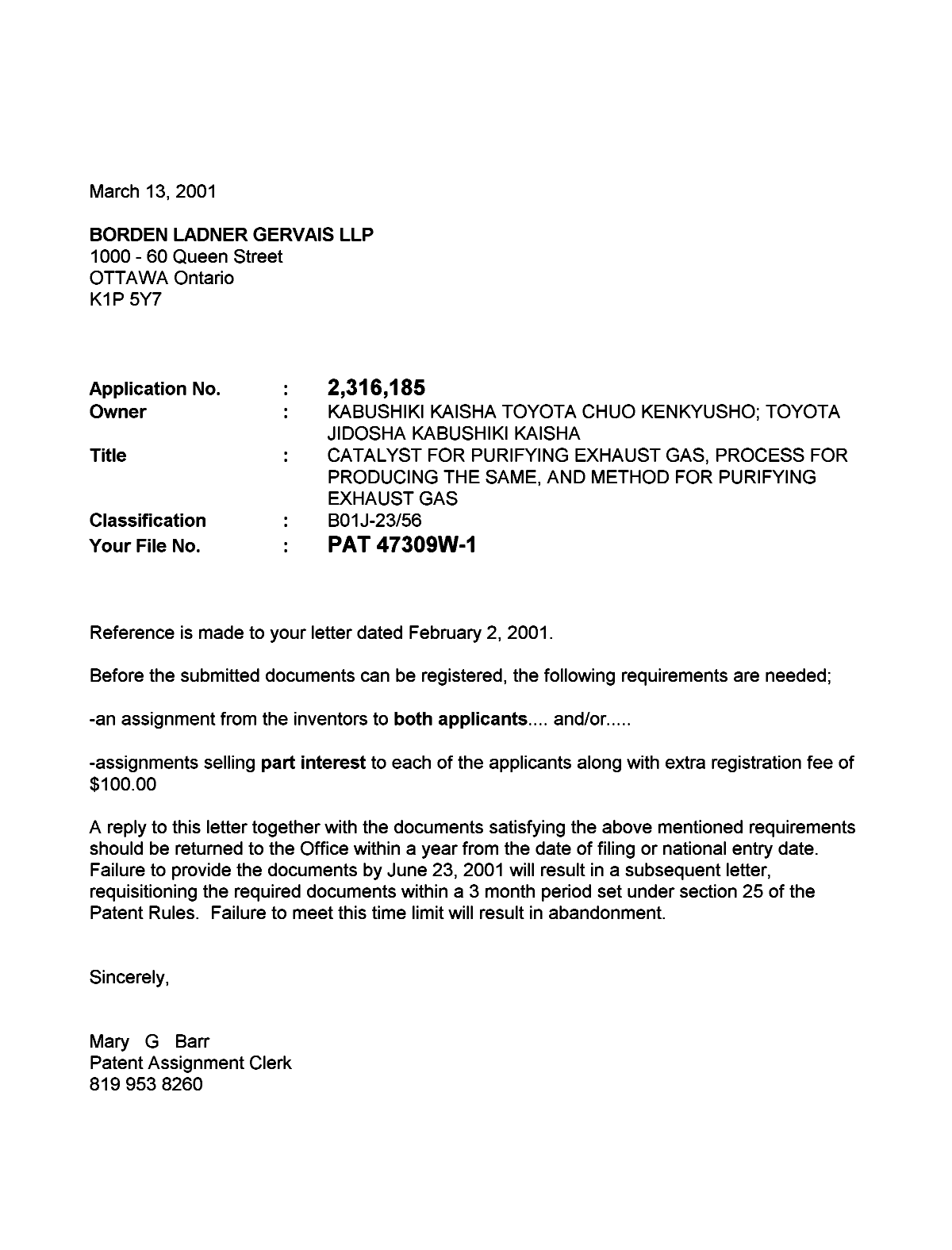 Document de brevet canadien 2316185. Correspondance 20010313. Image 1 de 1