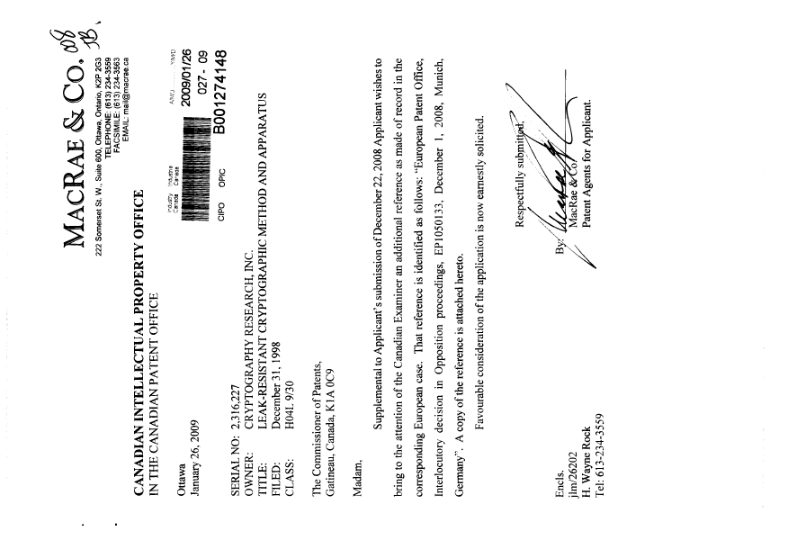 Canadian Patent Document 2316227. Prosecution-Amendment 20081226. Image 1 of 1