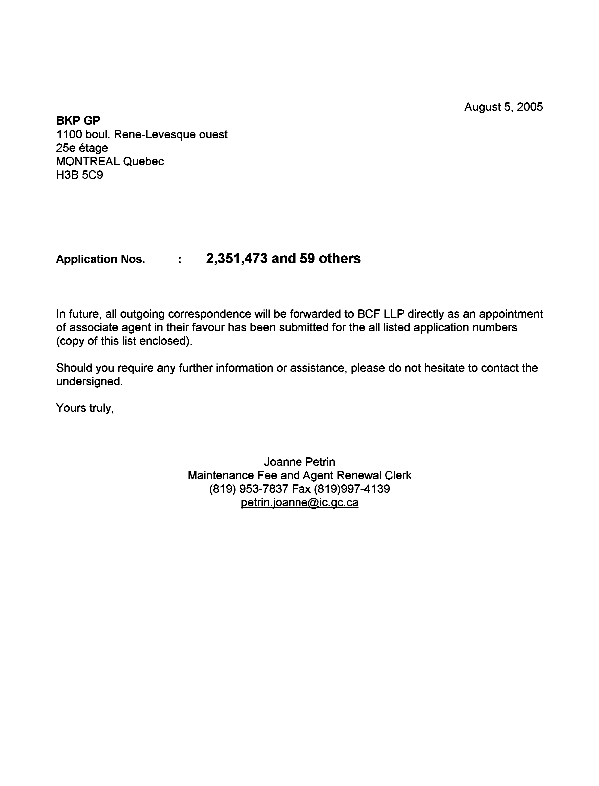 Document de brevet canadien 2316237. Correspondance 20050805. Image 1 de 1