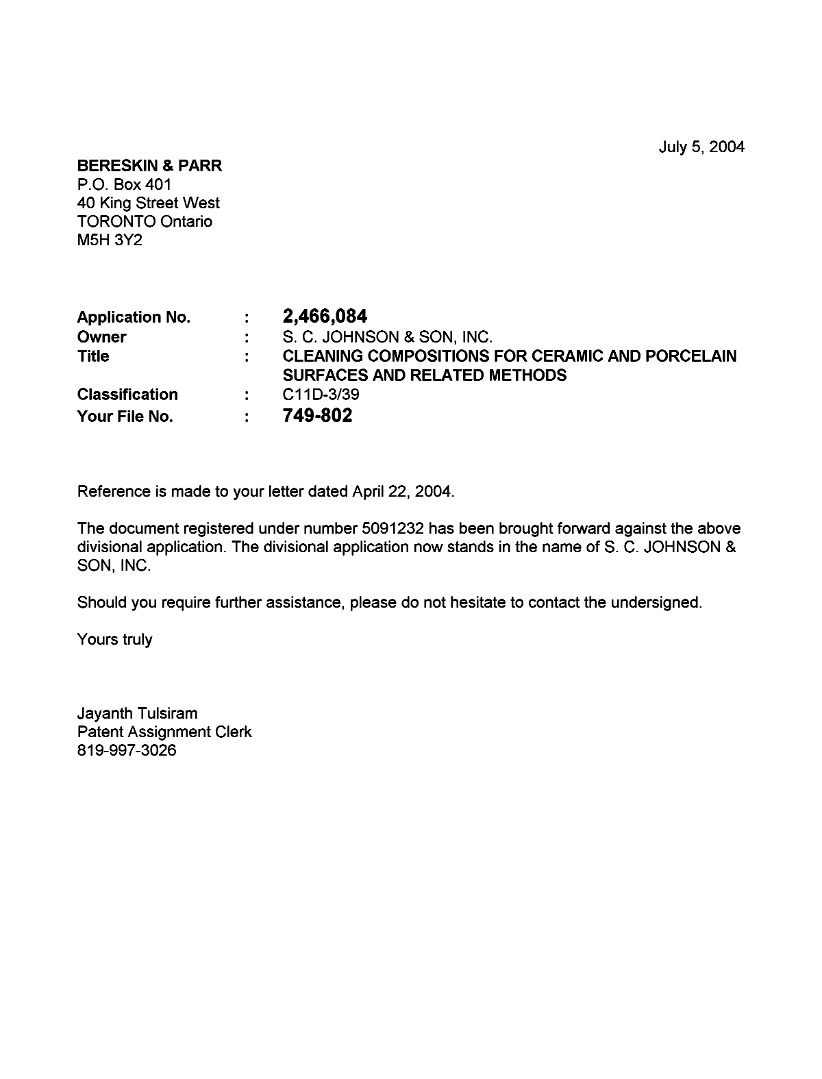 Document de brevet canadien 2316334. Correspondance 20040705. Image 1 de 1