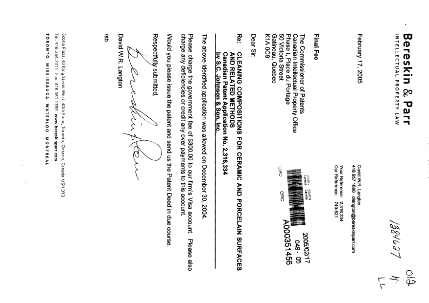 Document de brevet canadien 2316334. Correspondance 20050217. Image 1 de 1