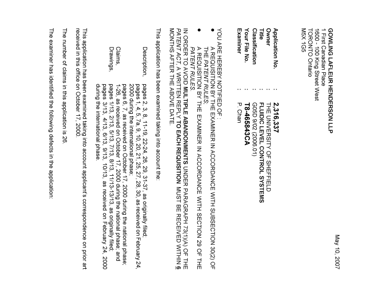 Document de brevet canadien 2316337. Poursuite-Amendment 20070510. Image 1 de 3