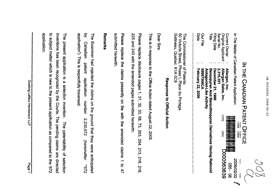 Document de brevet canadien 2316351. Poursuite-Amendment 20060222. Image 1 de 24
