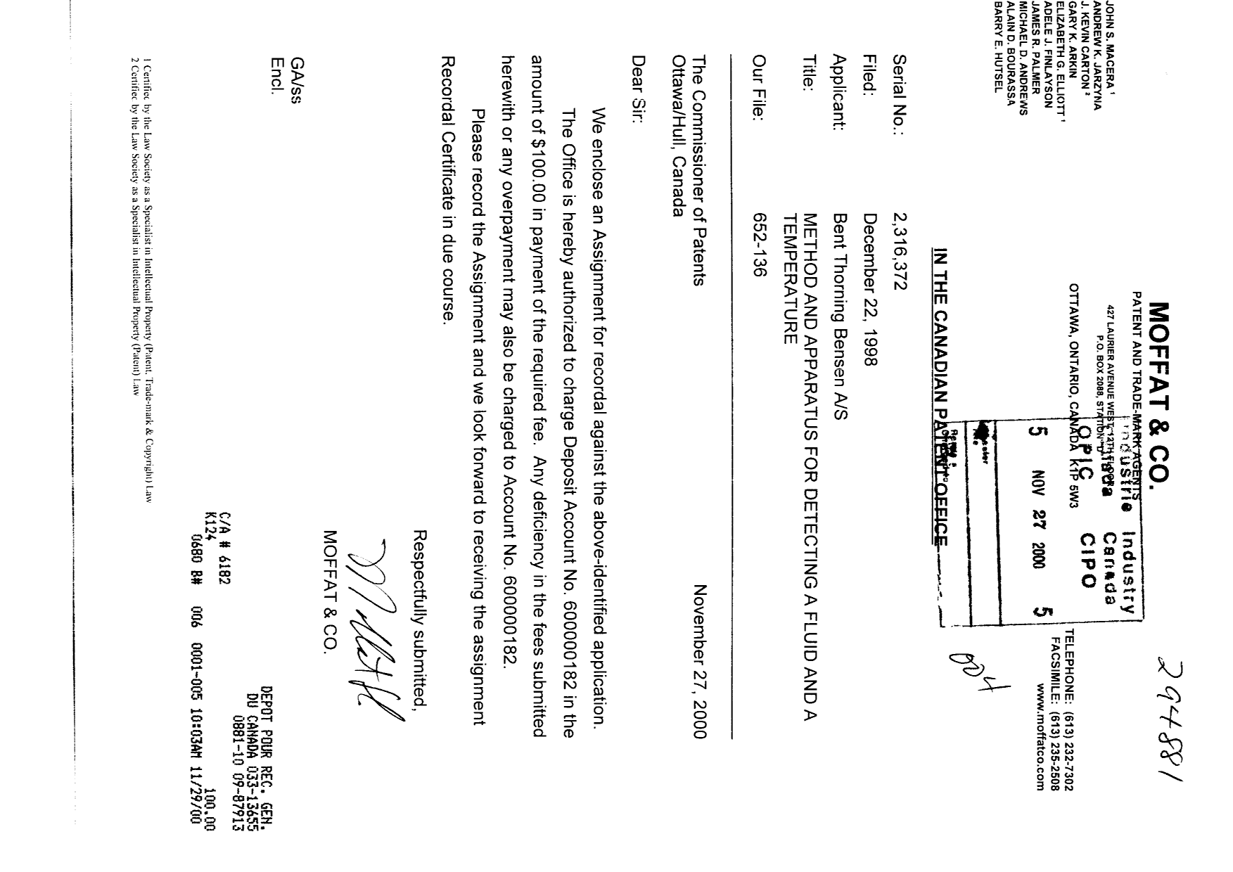Canadian Patent Document 2316372. Assignment 20001127. Image 1 of 2