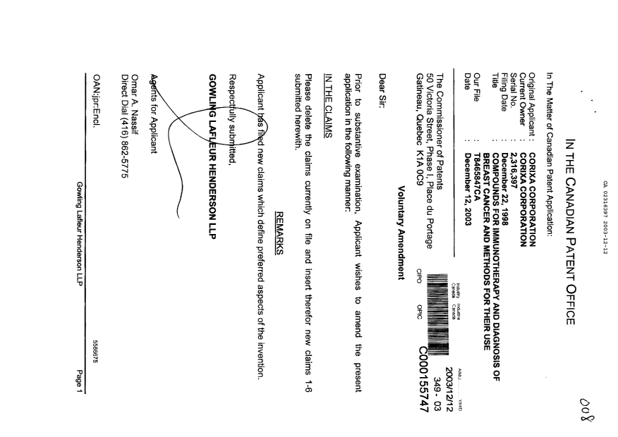 Canadian Patent Document 2316397. Prosecution-Amendment 20031212. Image 1 of 2