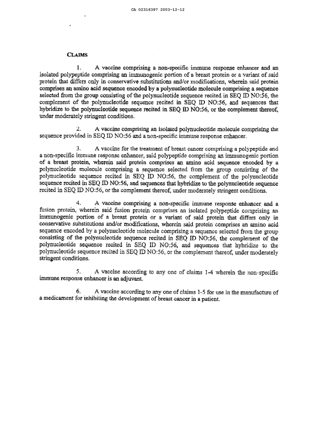 Document de brevet canadien 2316397. Poursuite-Amendment 20031212. Image 2 de 2