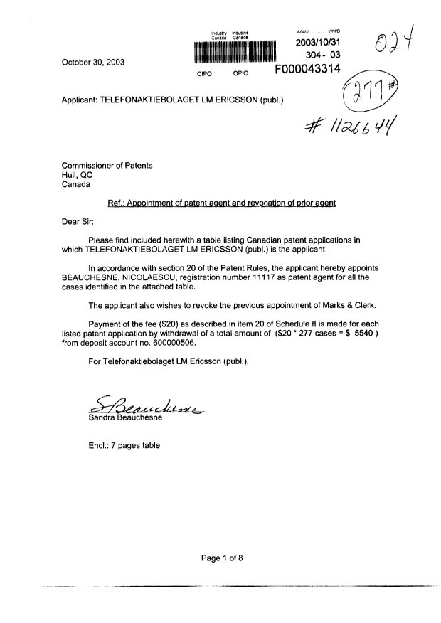 Document de brevet canadien 2316889. Correspondance 20031031. Image 1 de 8