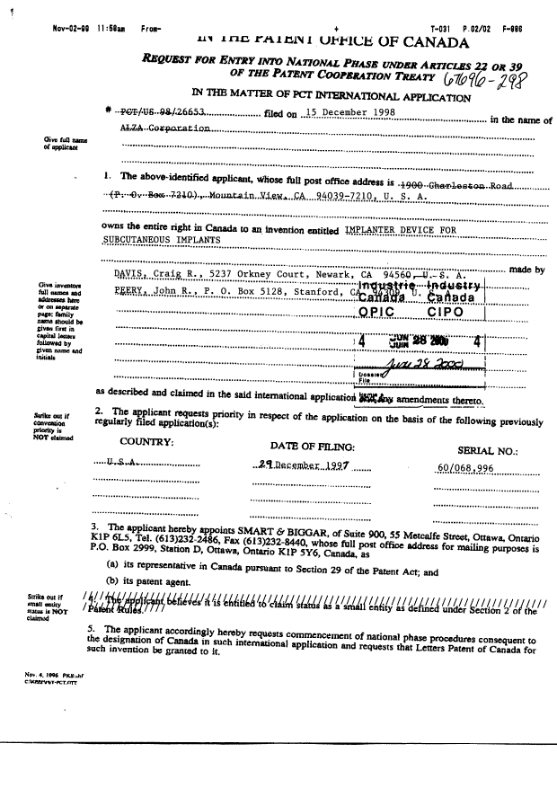 Document de brevet canadien 2316949. Cession 20000628. Image 2 de 2