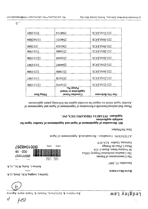 Canadian Patent Document 2316949. Correspondence 20071227. Image 1 of 4