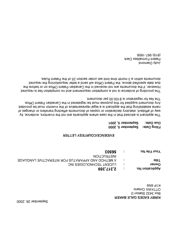 Canadian Patent Document 2317359. Correspondence 20000921. Image 1 of 1