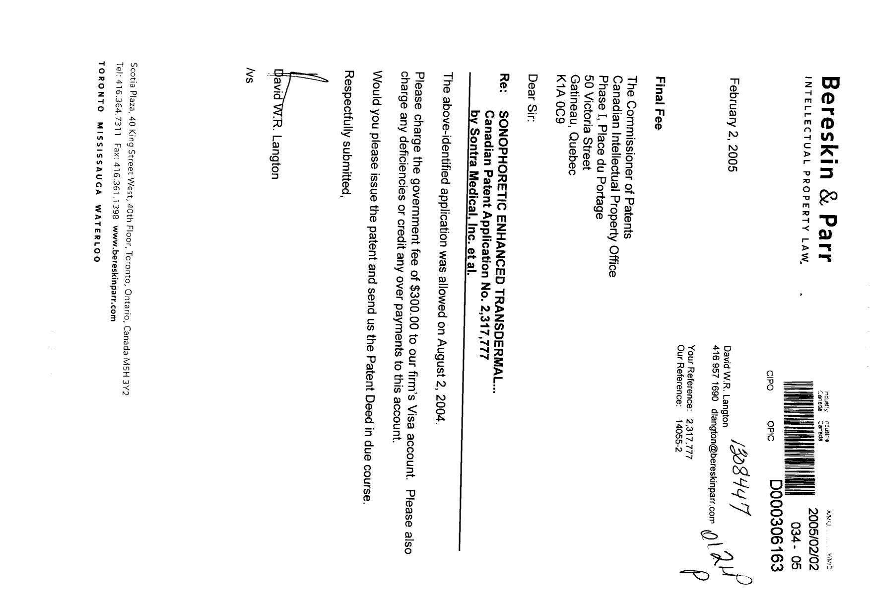 Canadian Patent Document 2317777. Correspondence 20050202. Image 1 of 1