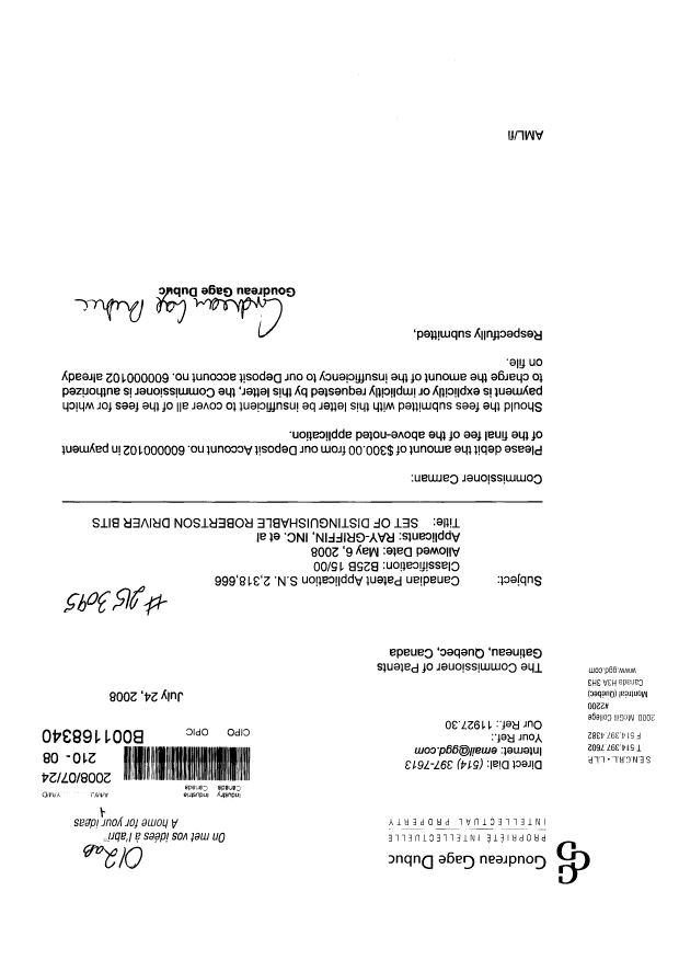 Document de brevet canadien 2318666. Correspondance 20071224. Image 1 de 1