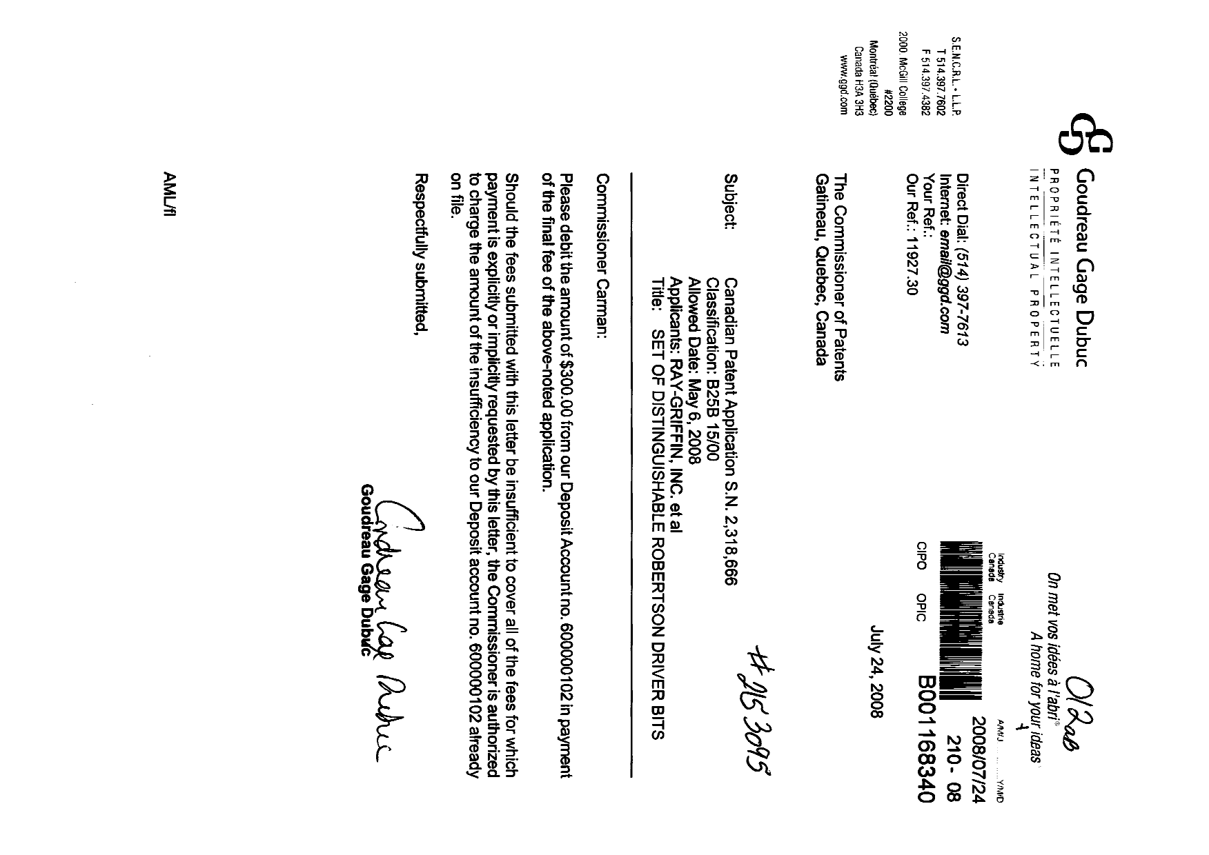 Document de brevet canadien 2318666. Correspondance 20071224. Image 1 de 1