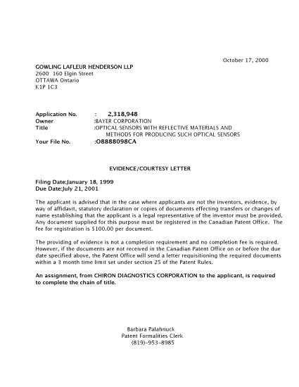 Document de brevet canadien 2318948. Correspondance 20001012. Image 1 de 1