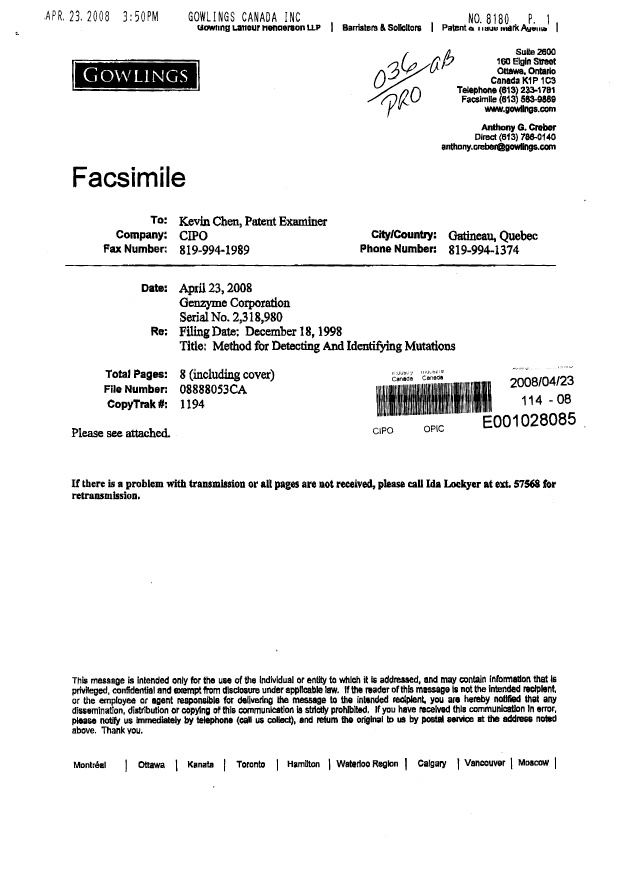 Document de brevet canadien 2318980. Poursuite-Amendment 20080423. Image 1 de 1