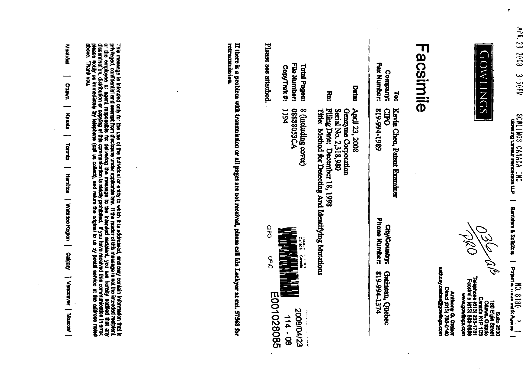 Canadian Patent Document 2318980. Prosecution-Amendment 20080423. Image 1 of 1