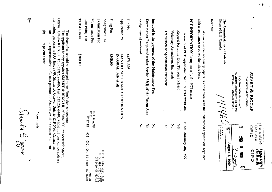 Document de brevet canadien 2319374. Cession 20000803. Image 1 de 6