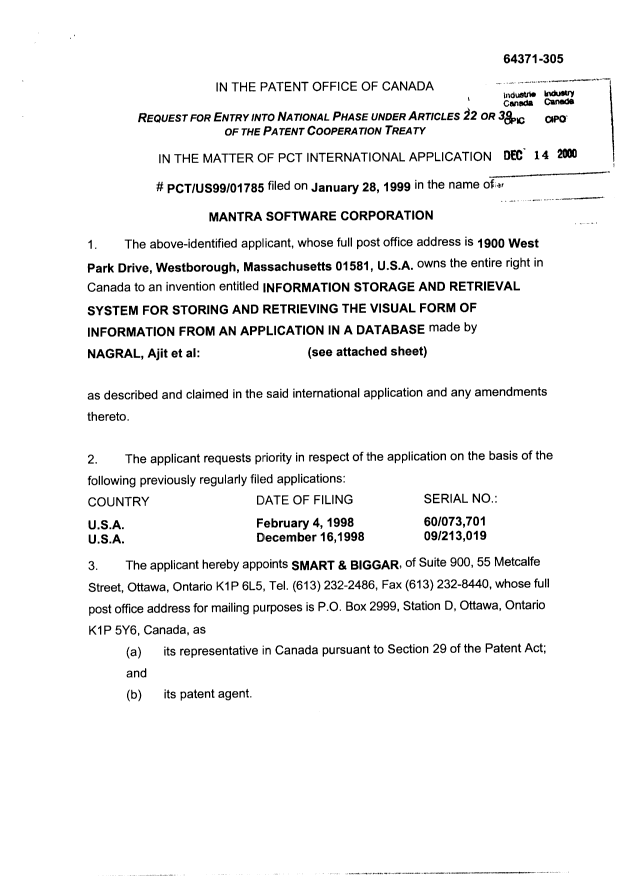 Document de brevet canadien 2319374. Cession 20000803. Image 2 de 6