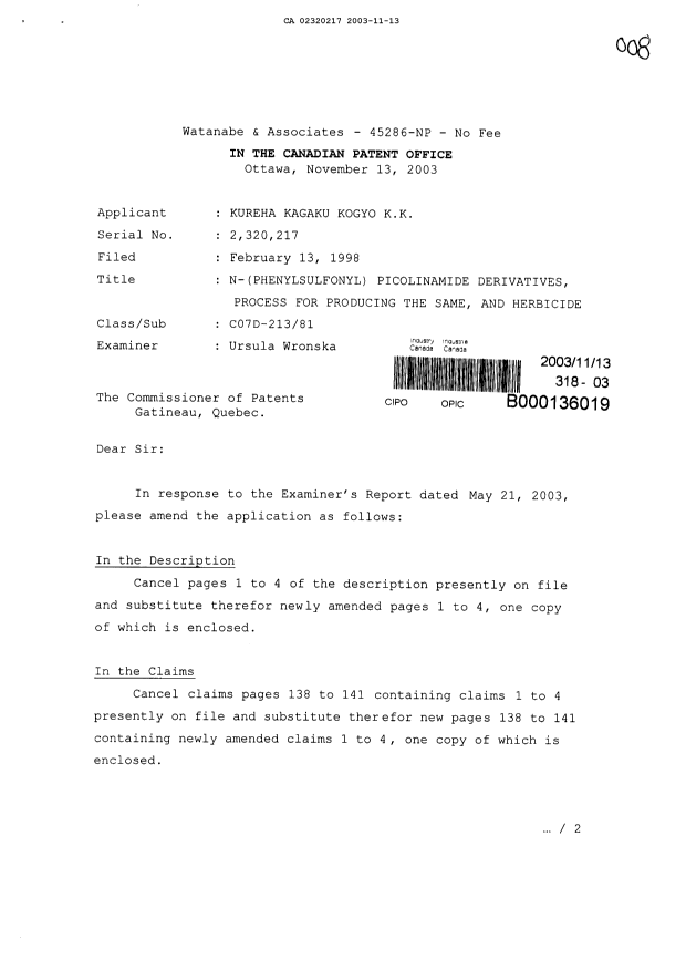 Canadian Patent Document 2320217. Prosecution-Amendment 20031113. Image 1 of 11