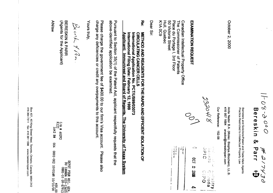 Canadian Patent Document 2320418. Prosecution-Amendment 20001002. Image 1 of 1