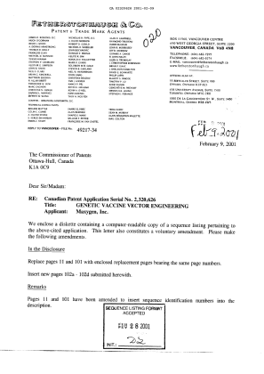 Document de brevet canadien 2320626. Correspondance 20010209. Image 1 de 8