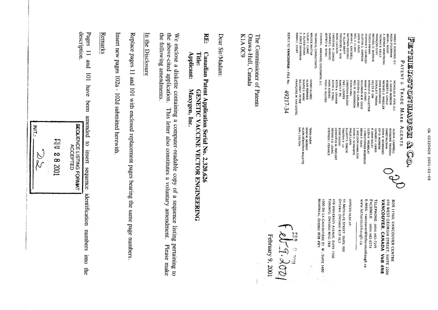 Document de brevet canadien 2320626. Correspondance 20010209. Image 1 de 8
